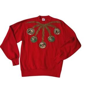 Vintage Red Ornament Embroidered Christmas Sweatshirt S